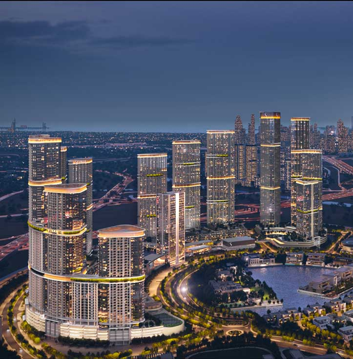 Drone view of modern Sobha apartments for sale in Dubai